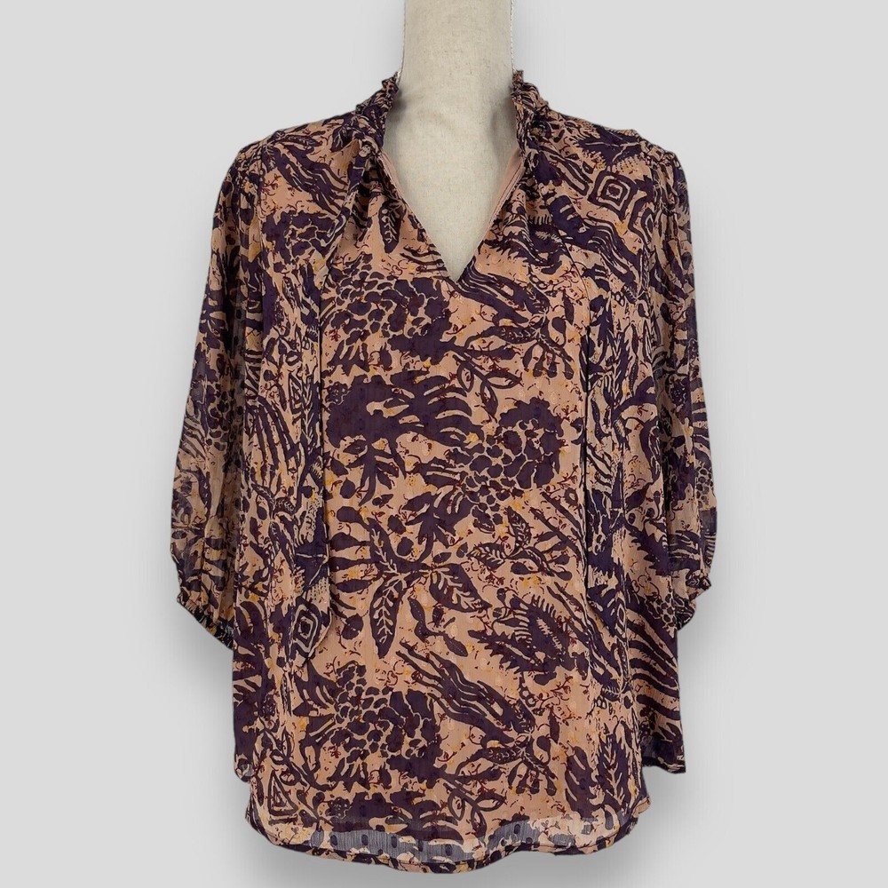 Joie Womens Medium 3/4 Sleeve Tropical Floral Casual Career Blouse Tie Neck